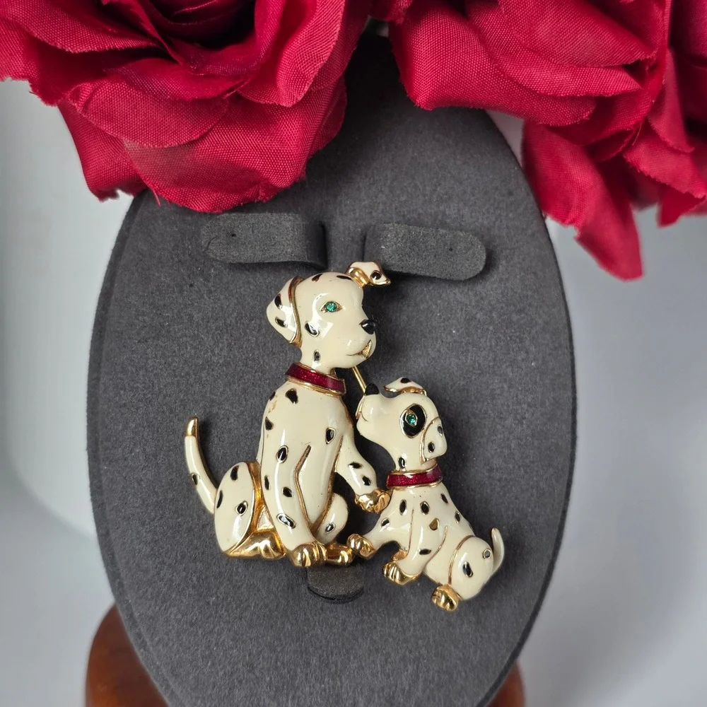 Vintage Dalmatian Dog and Puppy Enamel Brooch Gold Tone Animal Pin White Black